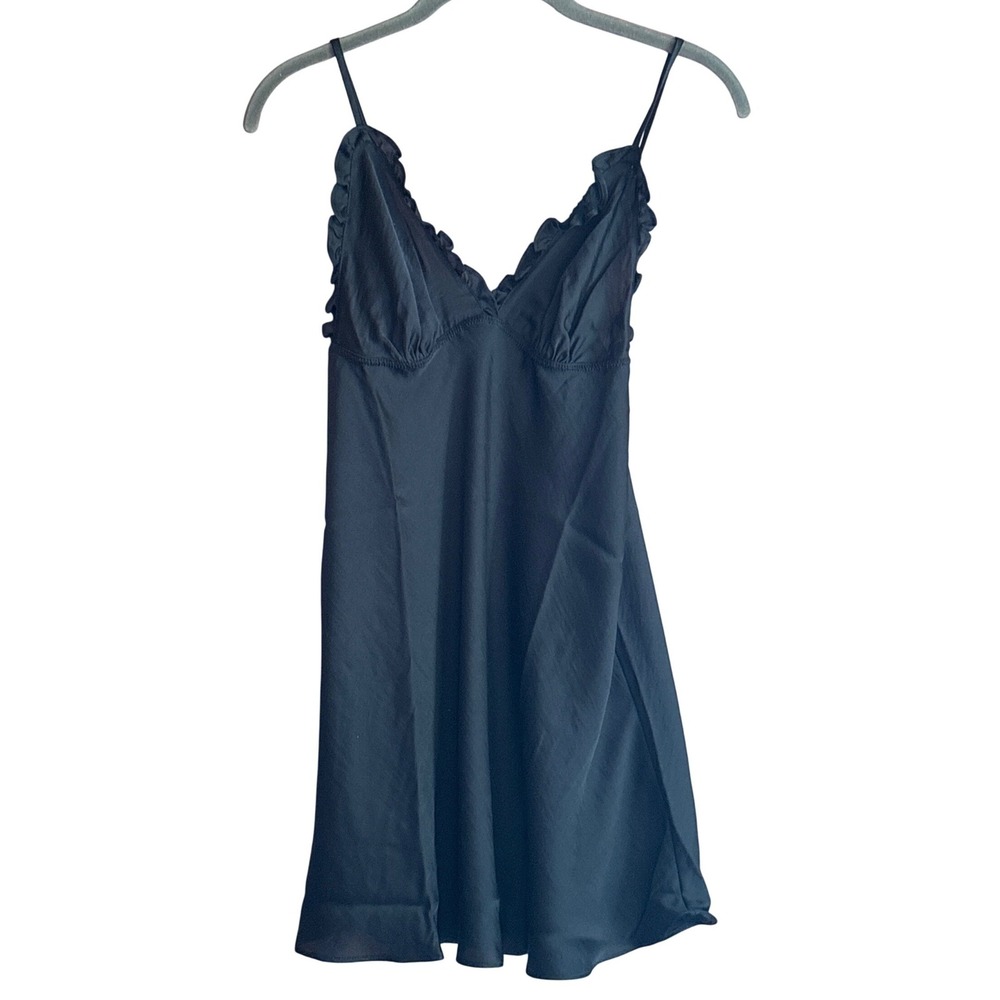 Flora Nikrooz Black Satin Ruffle Trim Mini Slip Dress, babydoll, lingerie